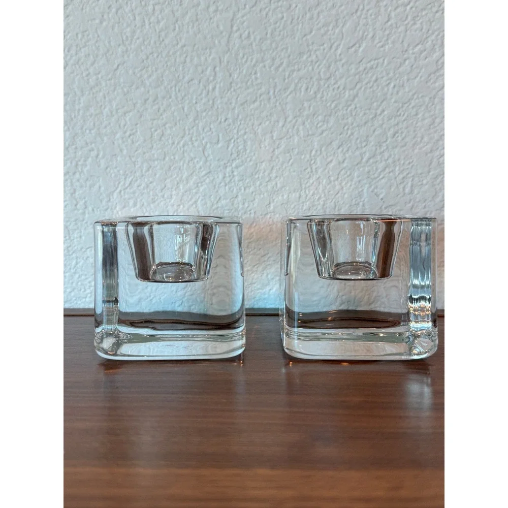Orrefors Sweden PAIR of Ice‎ Cube Crystal Votive Candle Holders 2 3/4